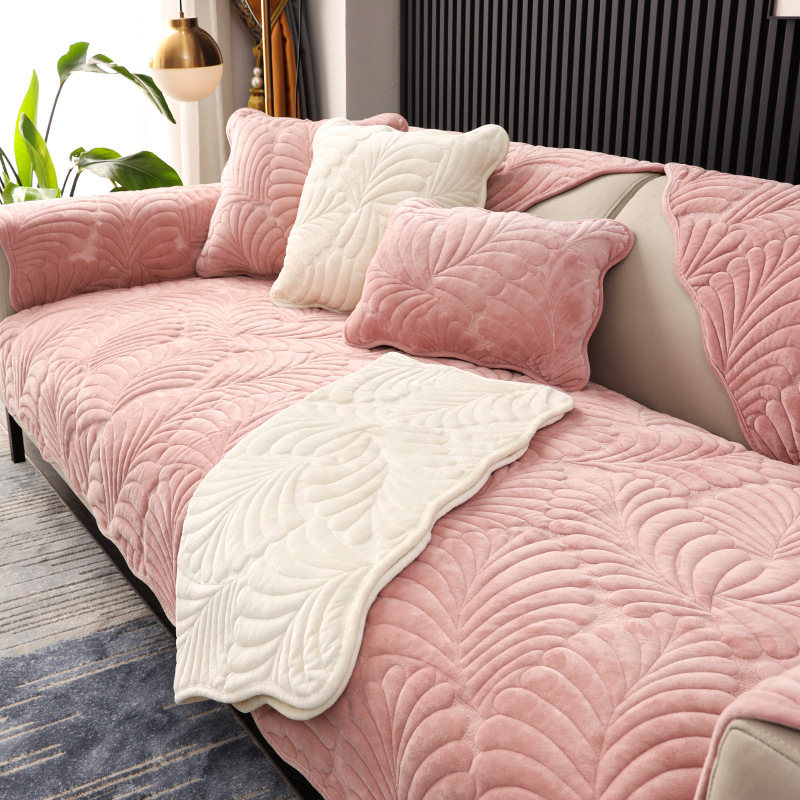 布艺毛绒纯色沙发垫子冬季加厚短毛绒坐垫巾罩防滑客厅保暖