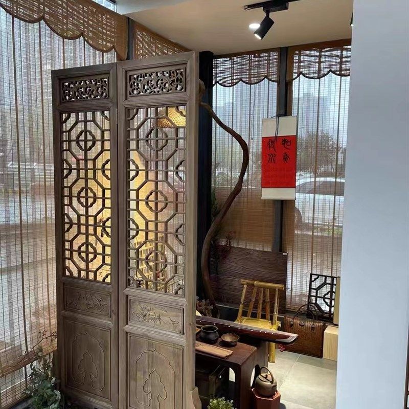 中式做旧屏风客厅实木隔断装饰可折叠移动仿古花格屏风办公室玄关