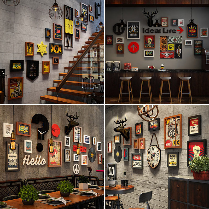 烧烤店装饰创意墙面照片墙画框复古工业风壁饰楼梯墙相框组合钟表