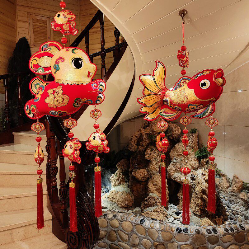 新年生肖装饰用品过年挂件乔迁客厅布置春节立体双面鲤鱼福字挂饰