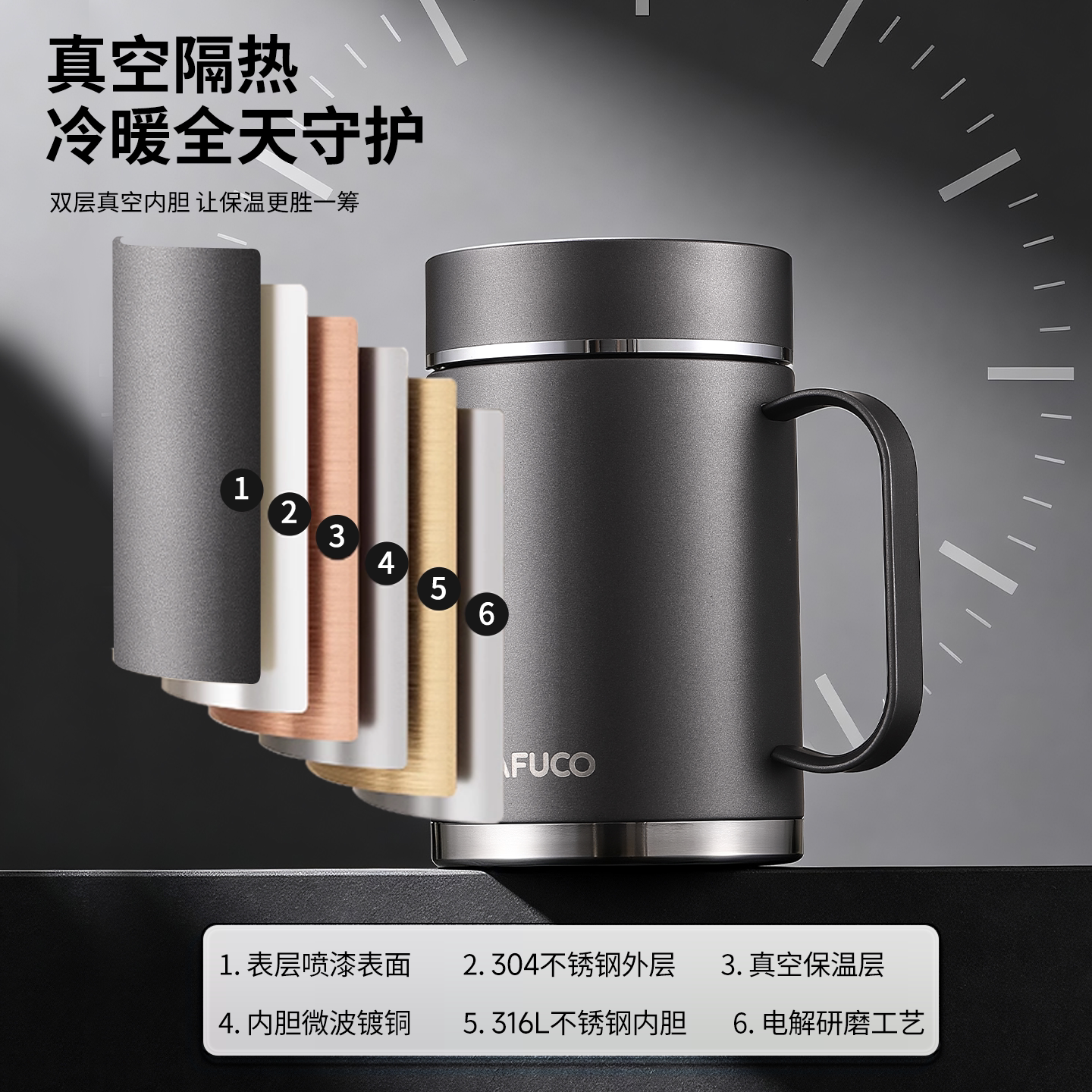 泰福高316L不锈钢保温杯带手柄办公室家用水杯高档泡茶杯