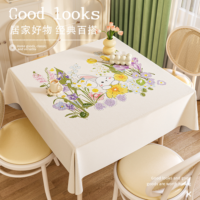 卡通正方形餐桌布棉麻防水防尘小四方壁纸客厅茶几八仙桌壁纸布艺