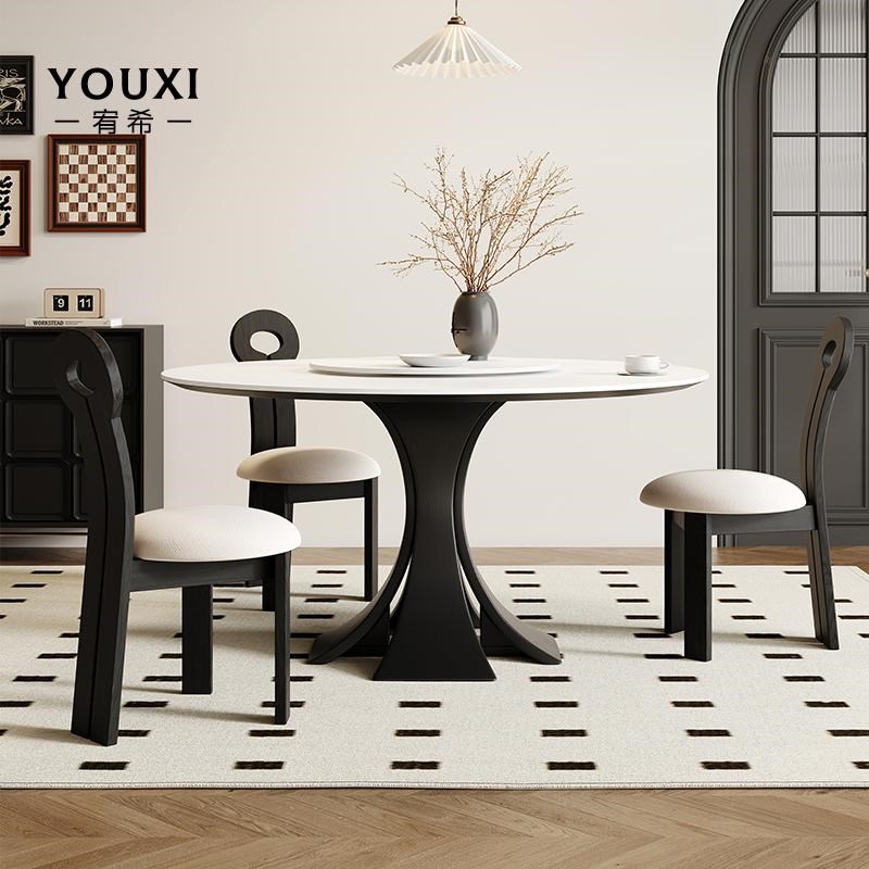 法式复古实木圆形岩板餐桌2024新款实木中古风小户型家用岩板圆桌