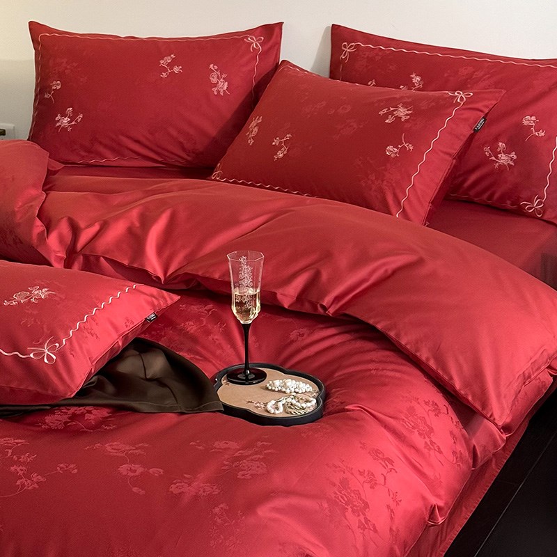 美谊家纺红色结婚长绒棉床单四件婚庆陪嫁婚房被刺绣床上用品