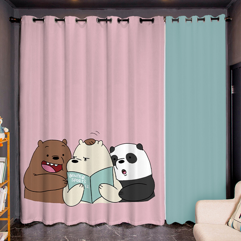 定制长帘粗麻咱们裸熊卡通卧室客厅挂钩学生寝室全遮光打孔窗帘布