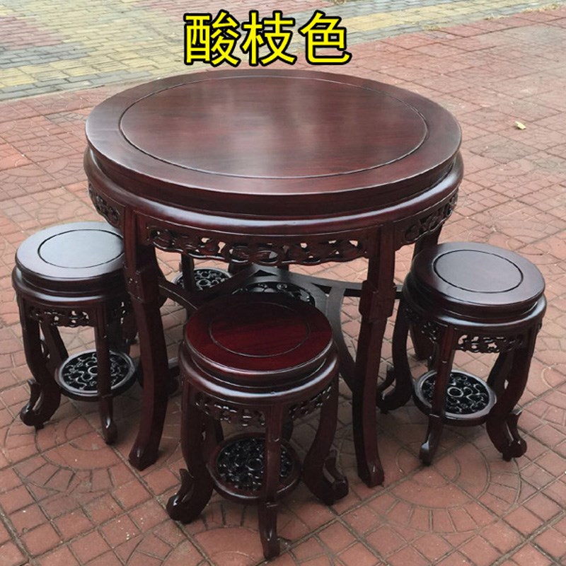 全实木定制圆桌中式仿古老榆木圆形雕花餐桌椅小户型家用桌子