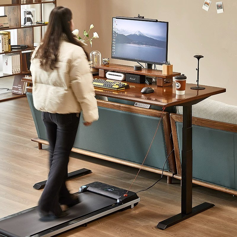 普格瑞司M实木电动升降桌胡桃色电脑桌家用工作台书房智能办公桌