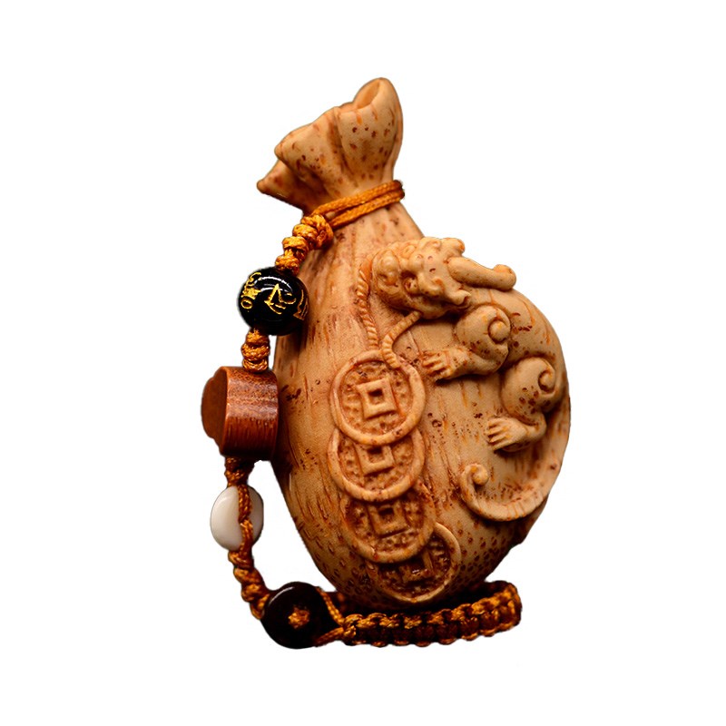 竹根雕螭龙钱袋手把件 竹雕貔貅福袋把玩件 纯手工雕刻 招财进宝