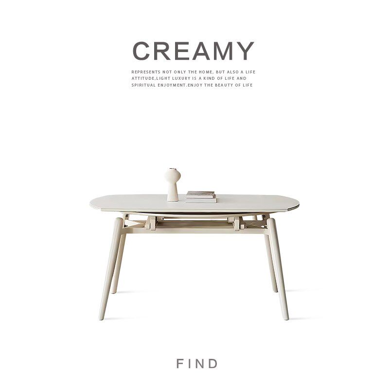 奶油风岩板餐桌意式可伸缩方圆两用餐台椅组合4/6/8人家用吃饭桌