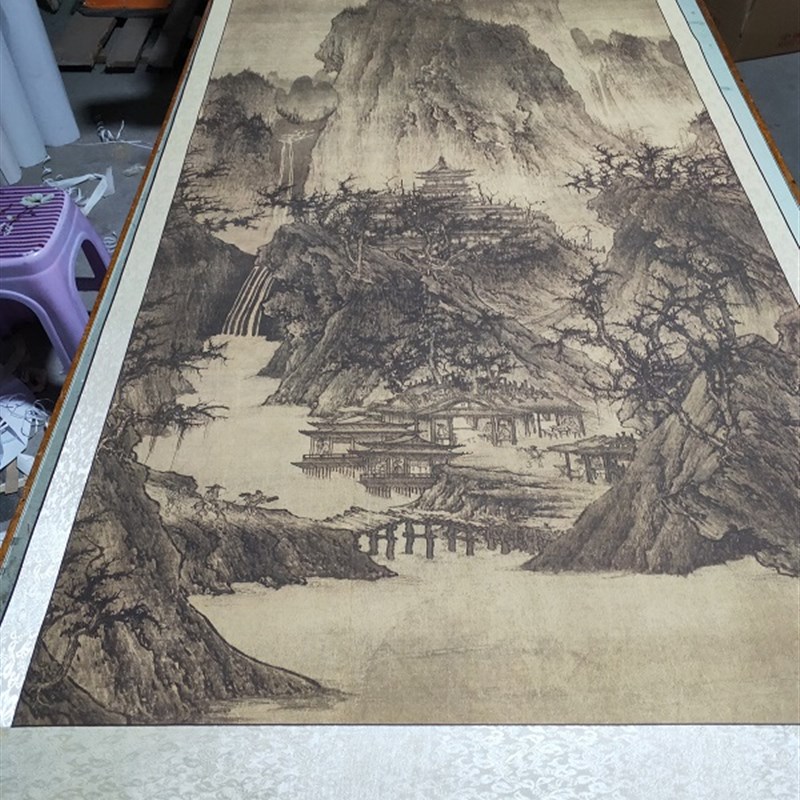 北宋李成 晴峦萧寺图 绢布山水人物国画立轴装裱挂轴高清微喷画