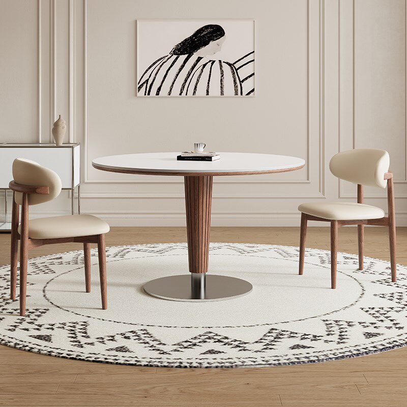 德利丰实木岩板餐桌圆形小户型1米纯白法式奶油中古风全托圆饭桌