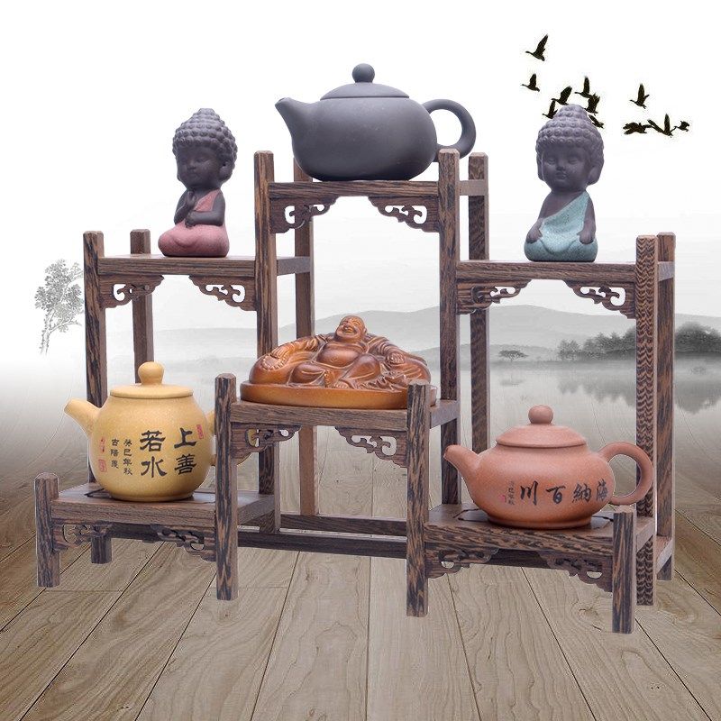 昊林轩红木紫砂壶架子茶具架小博古架 鸡翅木实木托架多宝阁底座