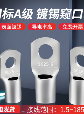 国标紫铜镀锡A级SC窥口铜鼻接线端子线鼻子6/10/16/25/35平方线耳