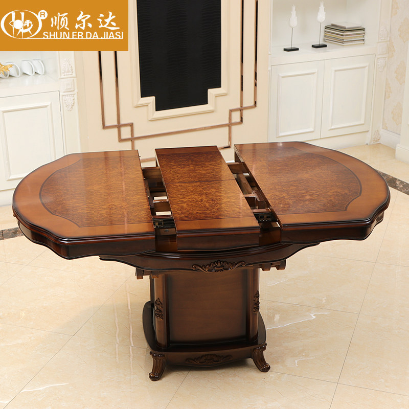 新品伸缩实木餐桌圆形大小可变小户型折叠纯实木圆桌组装欧式组装