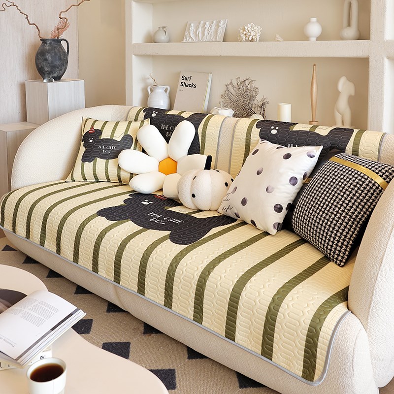 现代简约凉感冰丝沙发垫四季通用防滑坐垫条纹乳胶盖布套罩巾定做