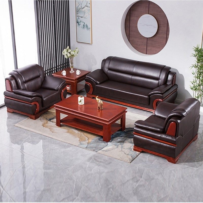办公室沙发接待室洽谈会客商务牛皮真皮现代大型会客沙发茶几组合
