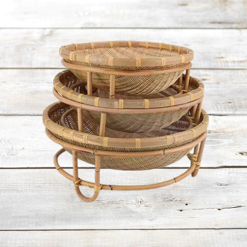 竹编宠物窝猫窝竹篮子带底座竹筐水果篮竹簸箕家用圆形沥水竹篓子