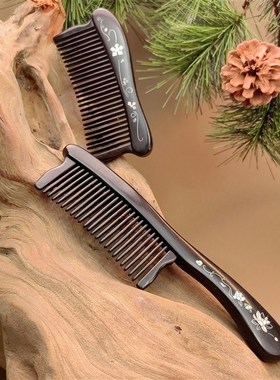 【卖檀翁】高档彩绘檀木插齿梳 天然镶齿家用木梳女士长发防打结