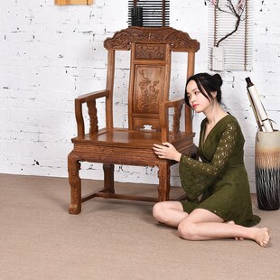 红木家具鸡翅木官帽椅雕花宝座仿古中式实木太师椅 皇宫椅 书房椅