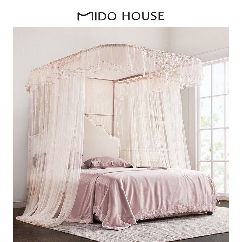 新款u型轨道导轨蚊帐1.8m床落地支架宫廷家用加密加厚1.5m三开门