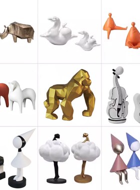 现代简约儿童房可爱卡通动物摆设创意抽象红色马人物摆件犀牛飞马