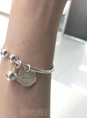 高档猫锁酱自制 覆古纯银手镯本年生肖命不变色银手镯珠珠手纯錬