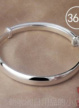 高档999银手镯镯女轻款宽面年饰手光面实心手镯推拉纯银子送妈妈