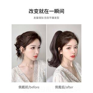 高档马尾正抓手真的头发假发女性真正的头发稍微卷曲假马高尾短头
