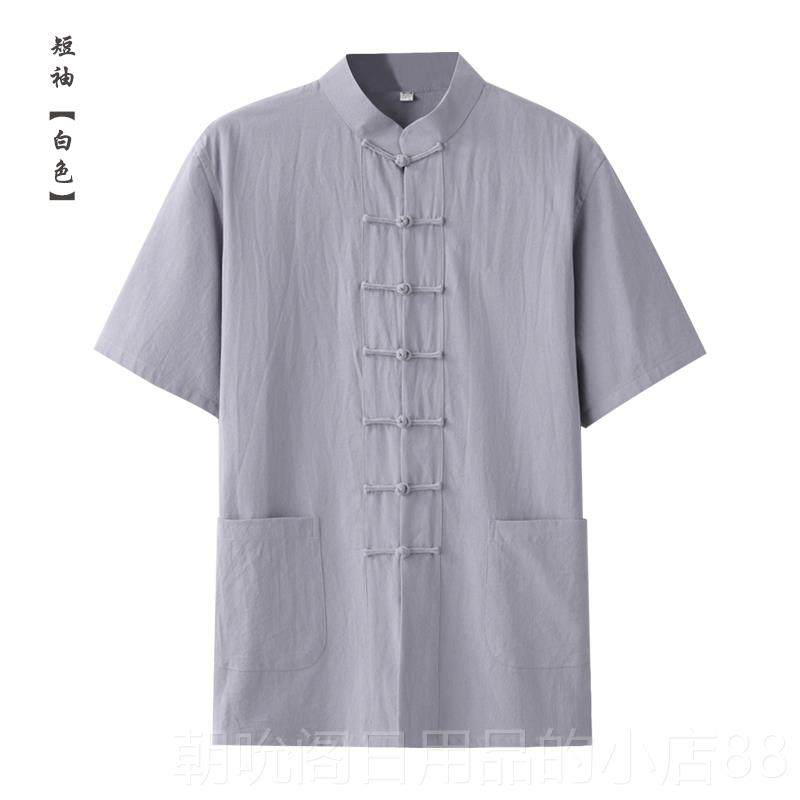高档夏季棉麻中老年爸爸套袖唐装休极闲中短国风装男中式上衣衬衫