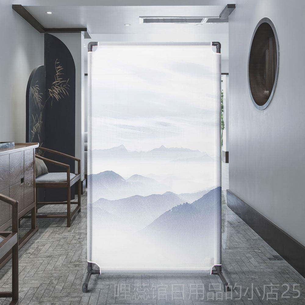 高档家用屏风地隔断新中式山水玄落遮关挡饰半透明屏风雪纺纱组装