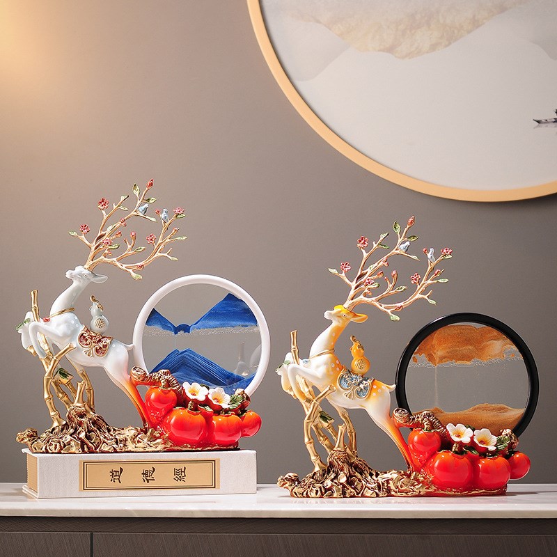 沙漏流沙画客厅高档招财鹿事事如意柿子摆件玄关酒柜电视柜装饰品