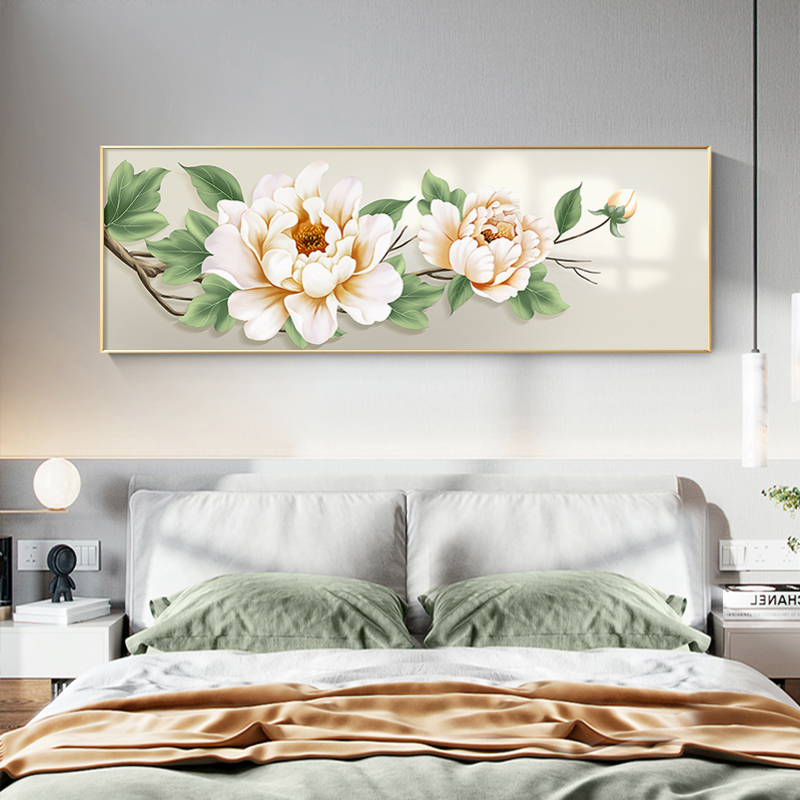 牡丹卧室床头挂画客厅沙发背景墙挂画主卧装饰画花开富贵横版壁画