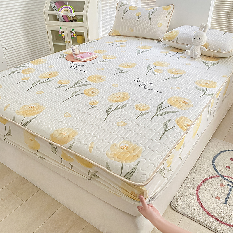 小清新奶油黄乳胶凉席床笠款夏季冰丝席三件套单人1.2卡通宿舍0.9