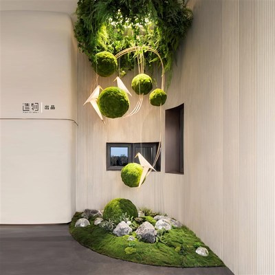 绿植造景苔藓球吊挂中庭装饰绿植吊挂发光小鸟灯苔藓景观玄关定制