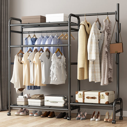 挂衣架落地卧室简易衣帽架衣柜可移动带轮晾衣架双杆室内房间客厅