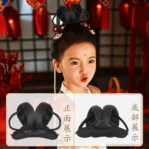 儿童汉服假发一体式古风盘发发髻古装女童新年头饰拜年发型垫发包