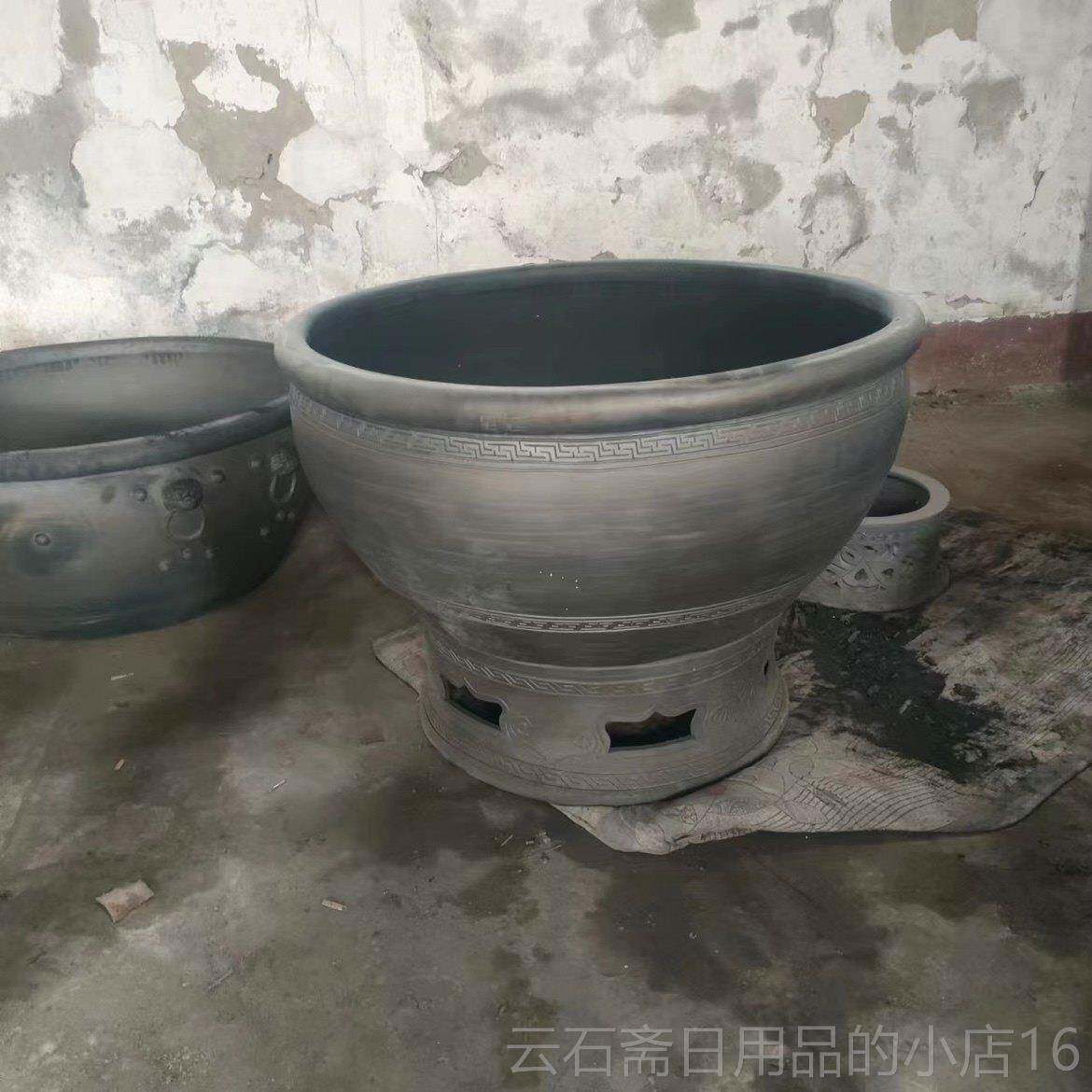 高档文字径雕刻鱼8cm直超大号鱼缸荷花缸陶瓷鱼缸黑陶泥缸盆0养金