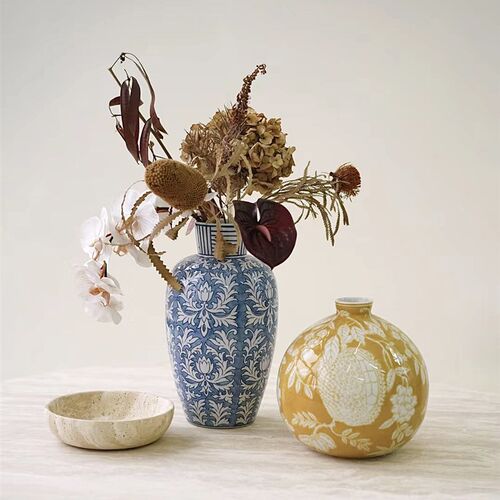 侘寂风复古青花瓷陶瓷插花瓶客厅茶室复古中式蓝色的花装饰艺术品