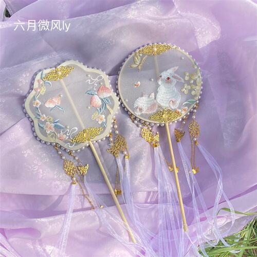 儿童古风汉服团扇宫扇绣花扇子女式掌扇走秀拍摄跳舞蹈扇长柄扇