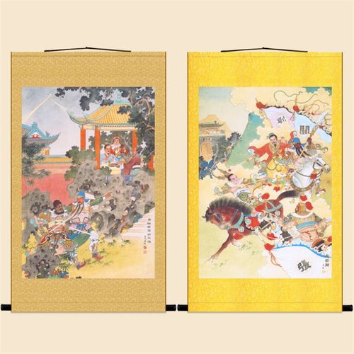 青梅煮酒论英雄人物画 虎牢关三英战吕布 三国装饰画绢布卷轴挂画