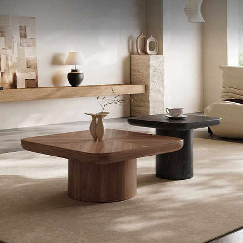 意式极简胡桃木原木方形茶几组合