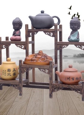 昊林轩红木紫砂壶架子茶具架小博古架 鸡翅木实木托架多宝阁底座