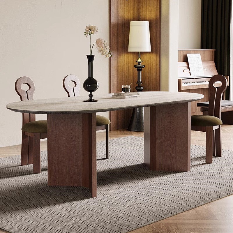 法式复古洞石岩板餐桌椅家用椭圆形202新款胡桃木长方形饭桌