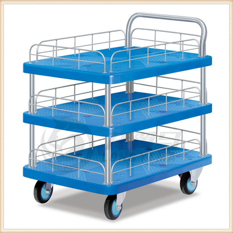 三层单扶手带护栏超静音手推车多层置物车零件工具车平板车布草车