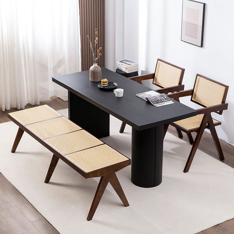 侘寂风实木餐桌小户型飘窗茶桌简约炭化黑原木书桌民宿餐桌椅