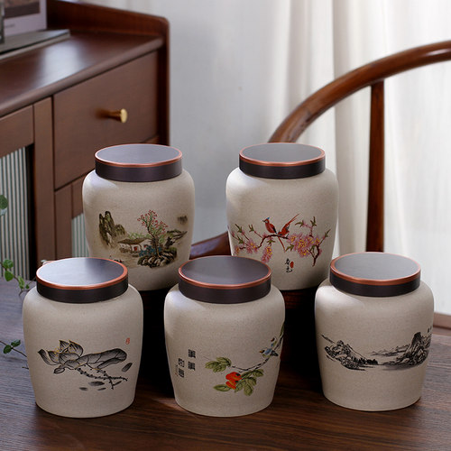 粗陶茶叶罐密封存储罐陶瓷茶具家用防潮中号中式复古普洱半斤装