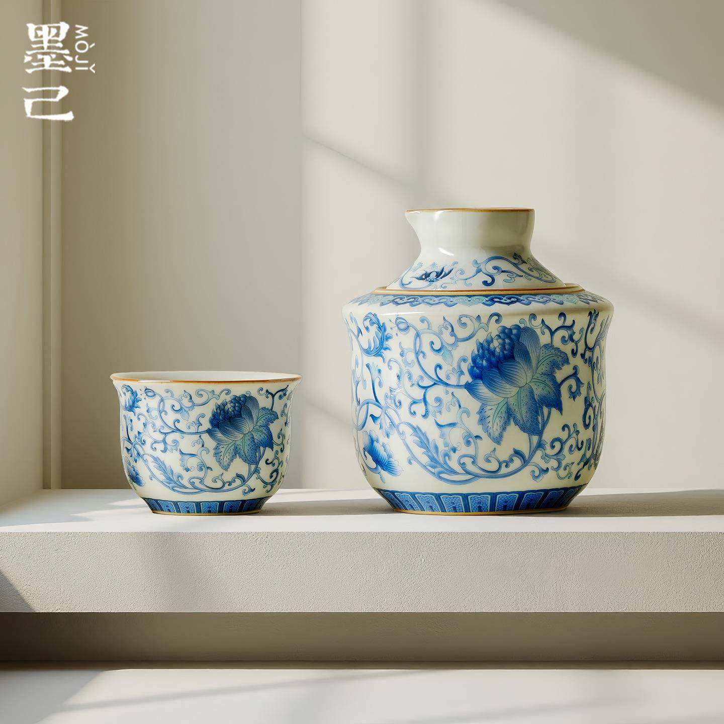 墨己汝窑温酒器青花缠枝莲陶瓷温酒壶家用烫酒热酒壶黄酒清酒具