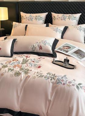 新款亲肤棉四件套撞色亲肤透气被套床笠款拼角绣花四件套床上用品
