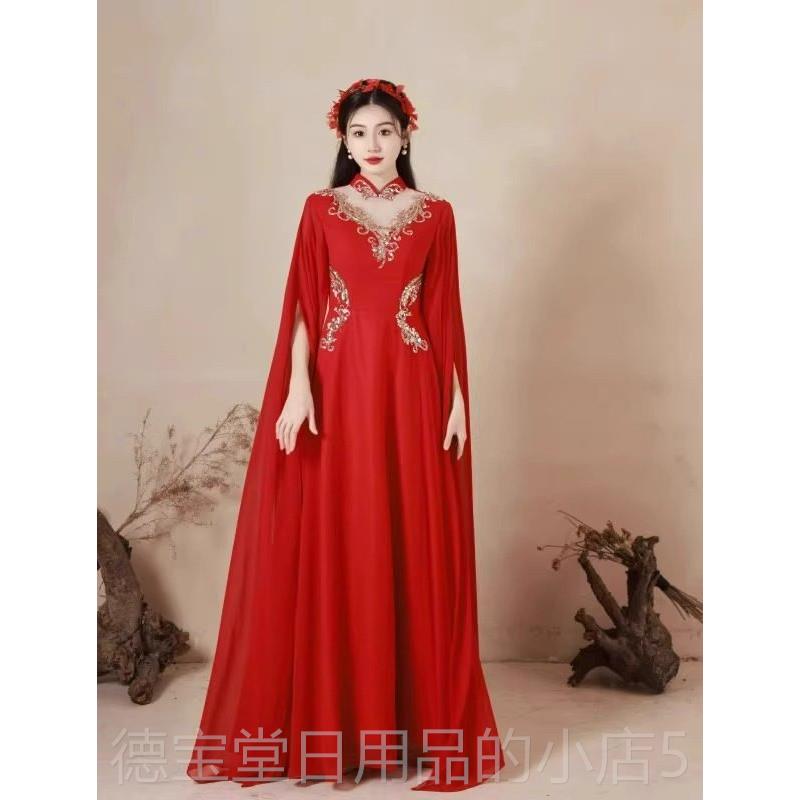 正品2025款古筝演出礼服成人国红色长裙显瘦舞台新独奏唱演中服连图片