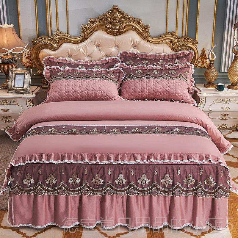 正品欧式绣婚全棉刺床裙四件套大红色纯结棉被套夹棉加丝厚蕾花边